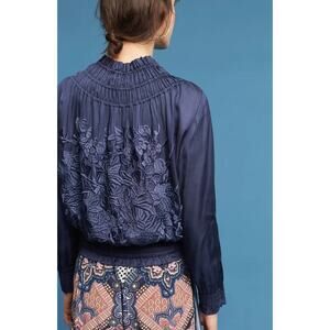 Love Sam Blue Alexe Bomber Jacket Floral Embroidered V-Neck Zip Size Medium M